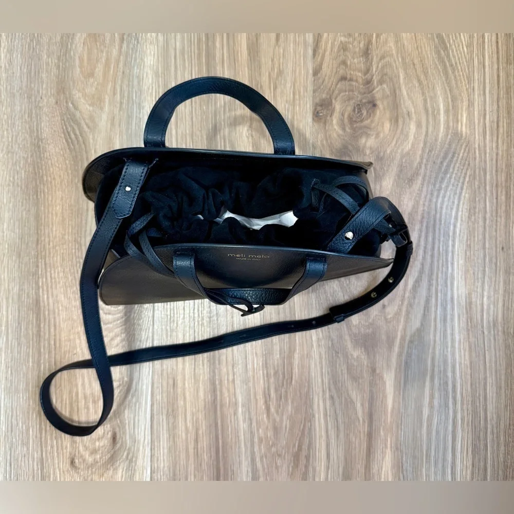 Meli Melo Logo Print Black Leather Tote Bag EUC
